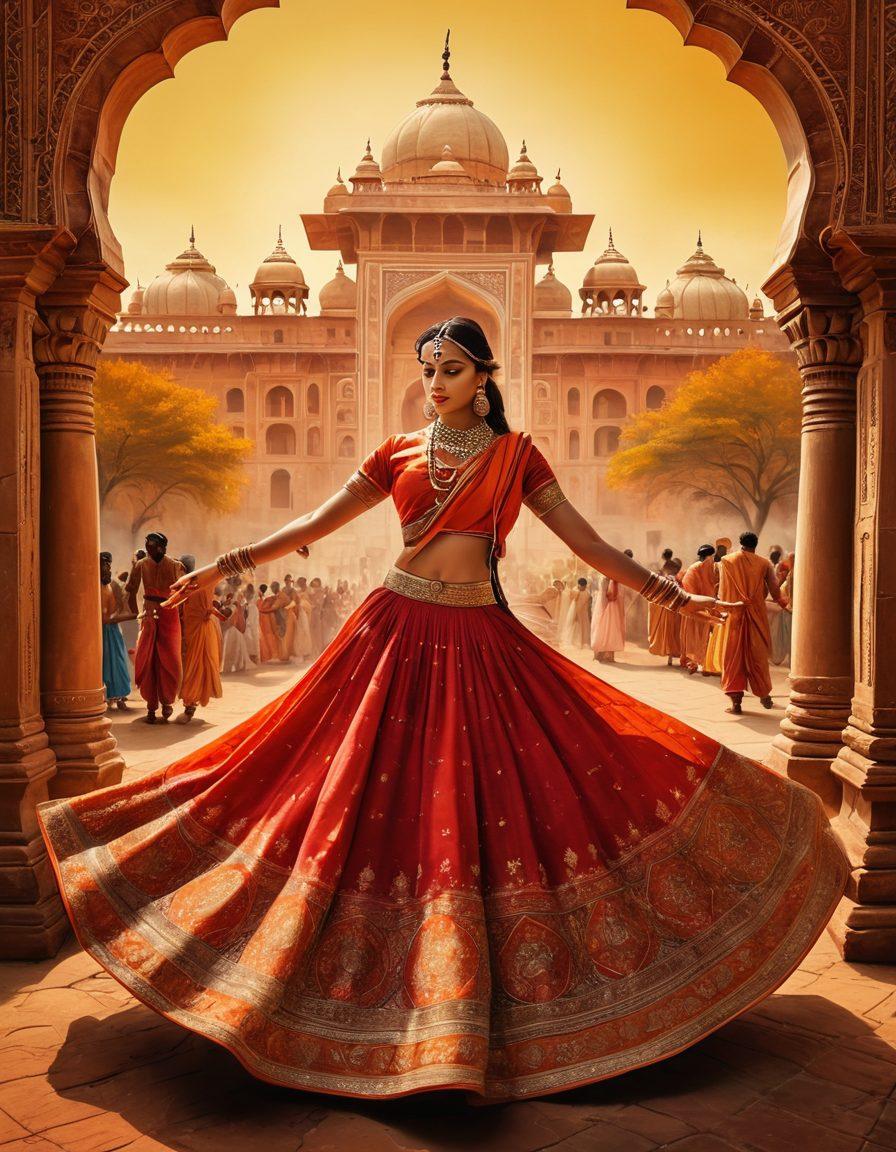 A colorful and dynamic collage showcasing iconic elements of Indian culture, including traditional dancers in ornate costumes, intricate folk art patterns, and mythical figures from Indian legends. The background features a blend of vibrant Rajasthan colors, symbolizing art and storytelling, with a subtle silhouette of historical monuments. Emphasize the play of light and shadow to create depth and movement, inviting viewers into the rich tapestry of Indian artistry. super-realistic. vibrant colors. intricate details.
