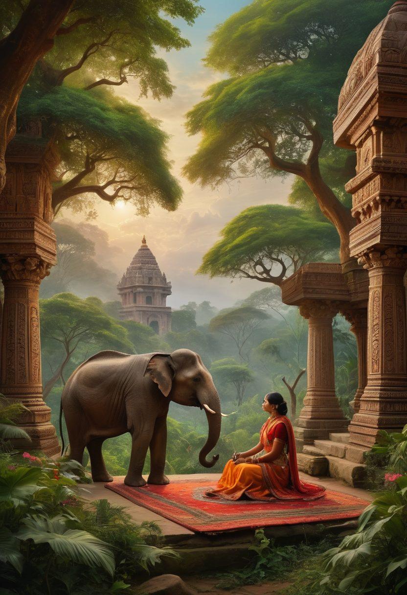 An enchanting scene depicting a traditional Indian storyteller surrounded by vibrant mythological characters, weaving tales in a lush, colorful landscape filled with ancient temples and lush greenery. Ethereal clouds and starry skies illuminate the vibrant hues of traditional attire and mystical creatures like elephants and peacocks, inviting viewers into a rich tapestry of Indian heritage. super-realistic. vibrant colors. magical realism.